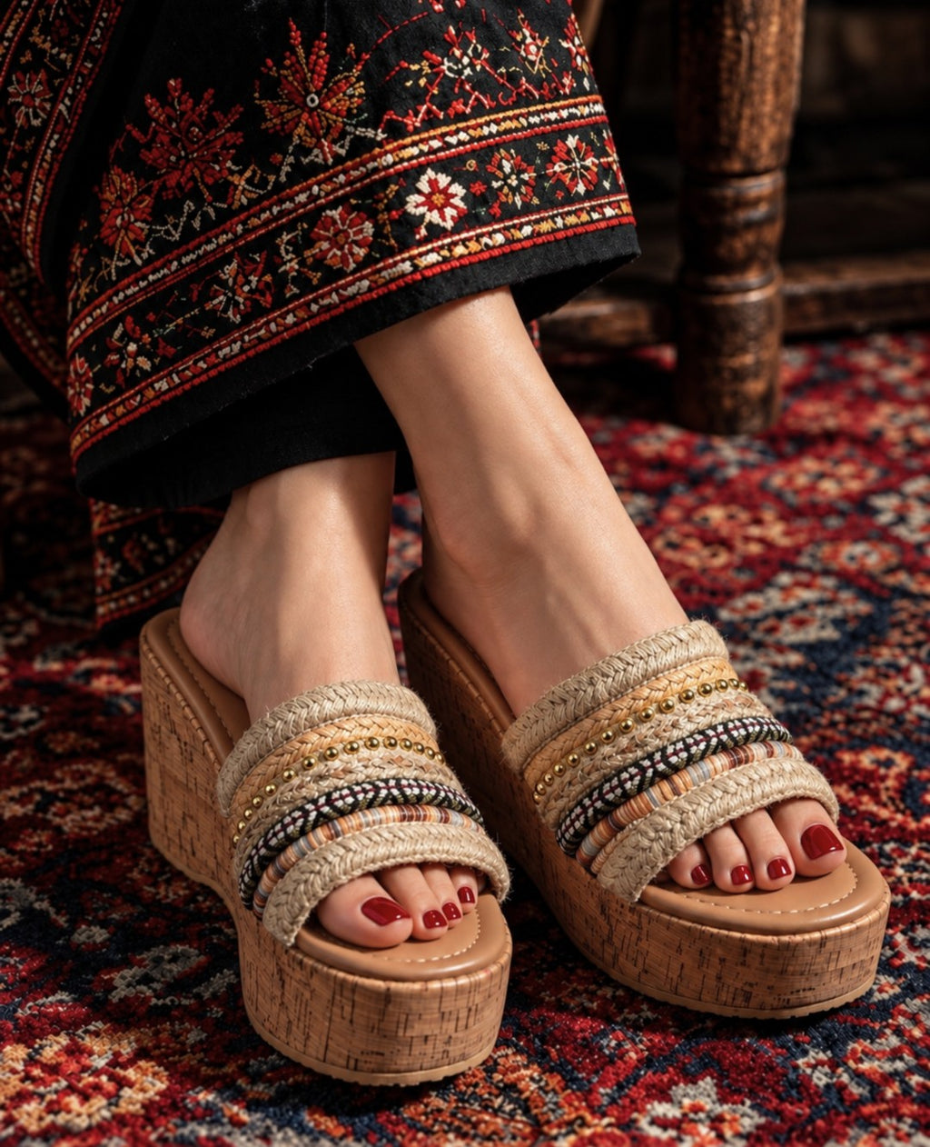Embellished cork wedge sandals W703J