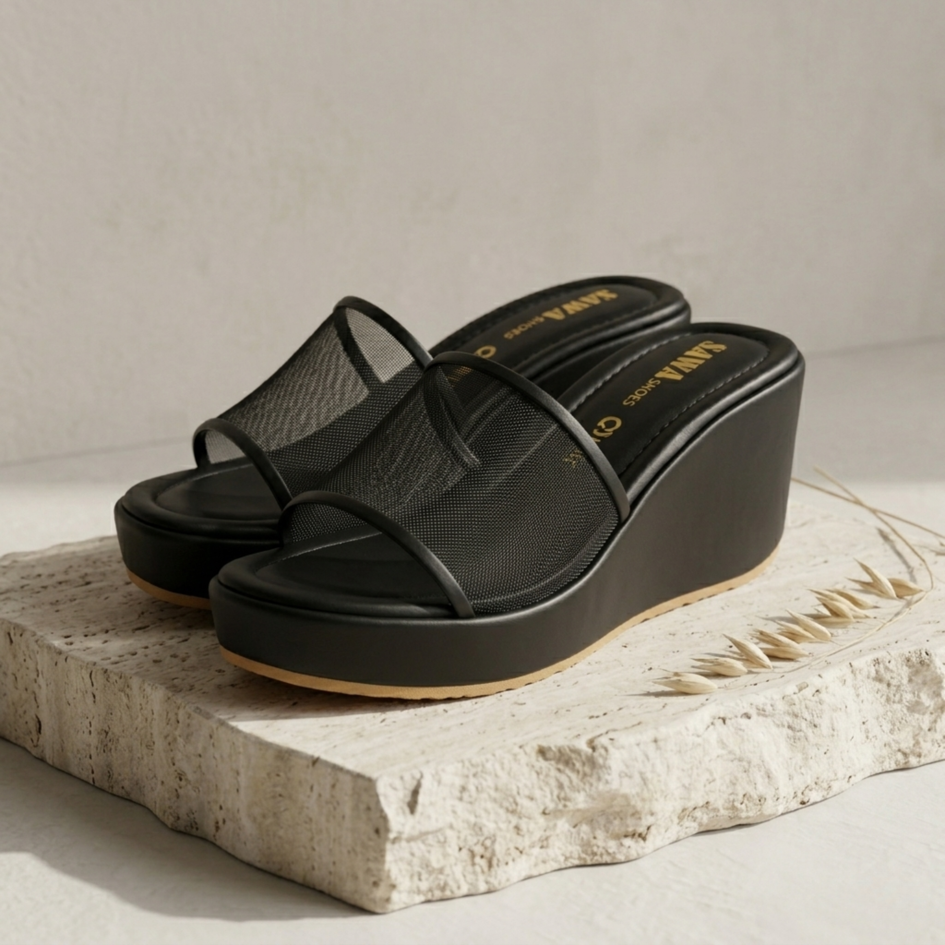Mesh Strap Wedge Sandals 700bk
