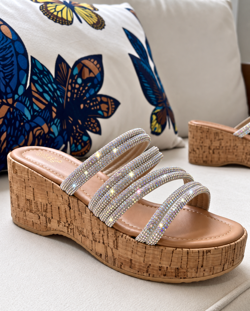 Rhinestone cork wedge slides W787