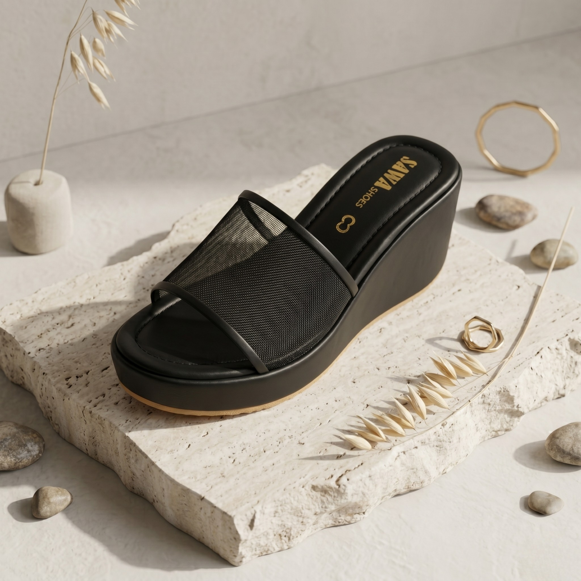 Mesh Strap Wedge Sandals 700bk