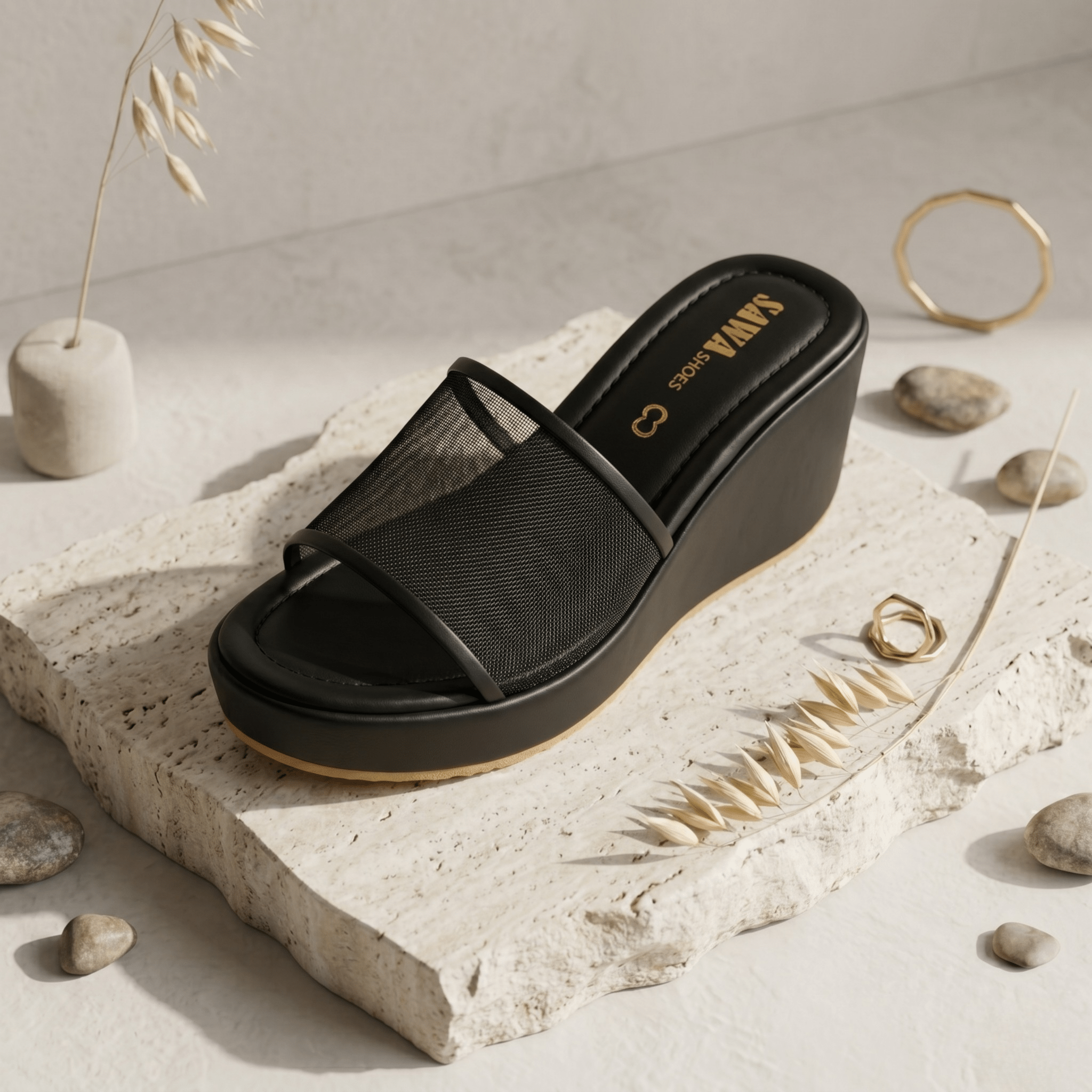 Mesh Strap Wedge Sandals 700bk - Sawa.pkWomen footwear shoes affordable