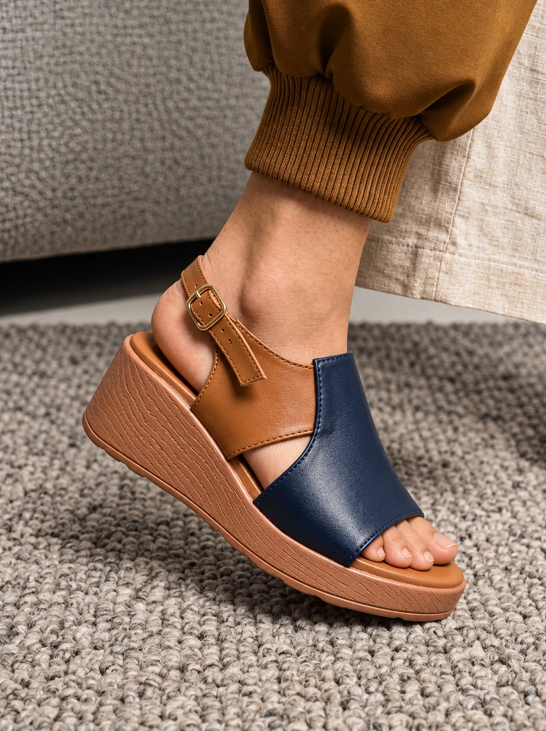 Navy & Tan Wedge Sandals B77 bl