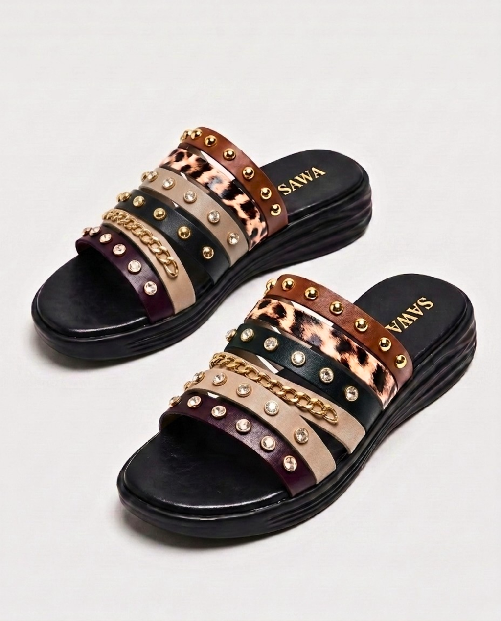 studded leopard strap slides 4010 Bk