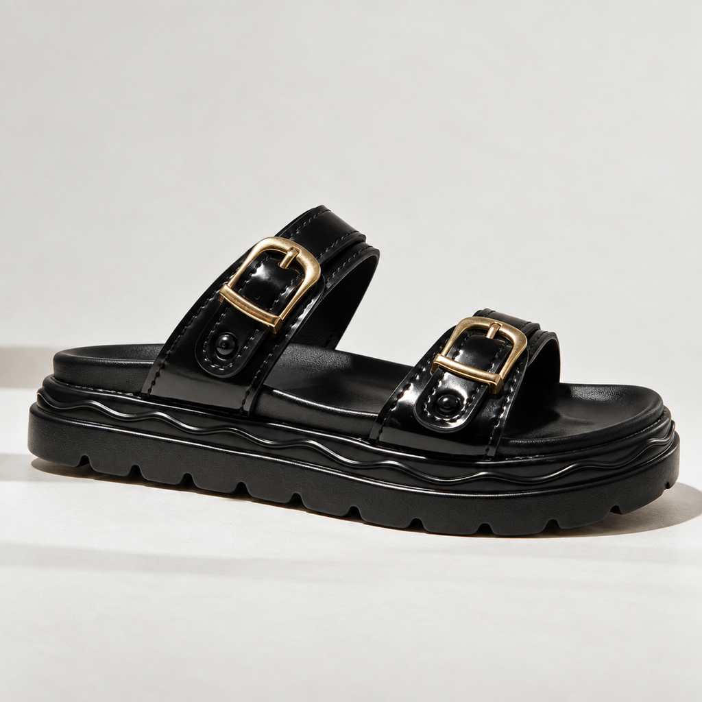 Black Buckle Comfort Slides Sft451