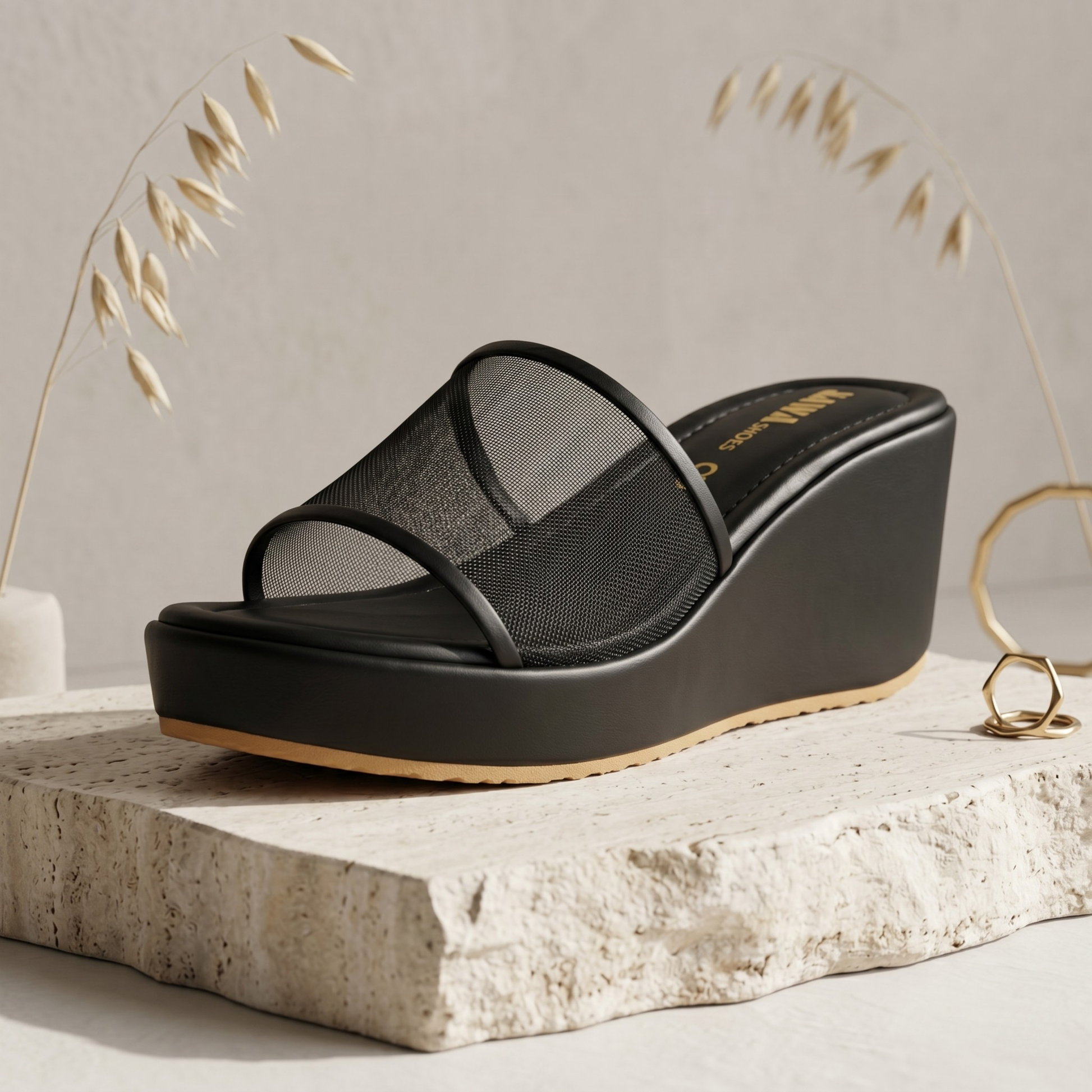 Mesh Strap Wedge Sandals 700bk