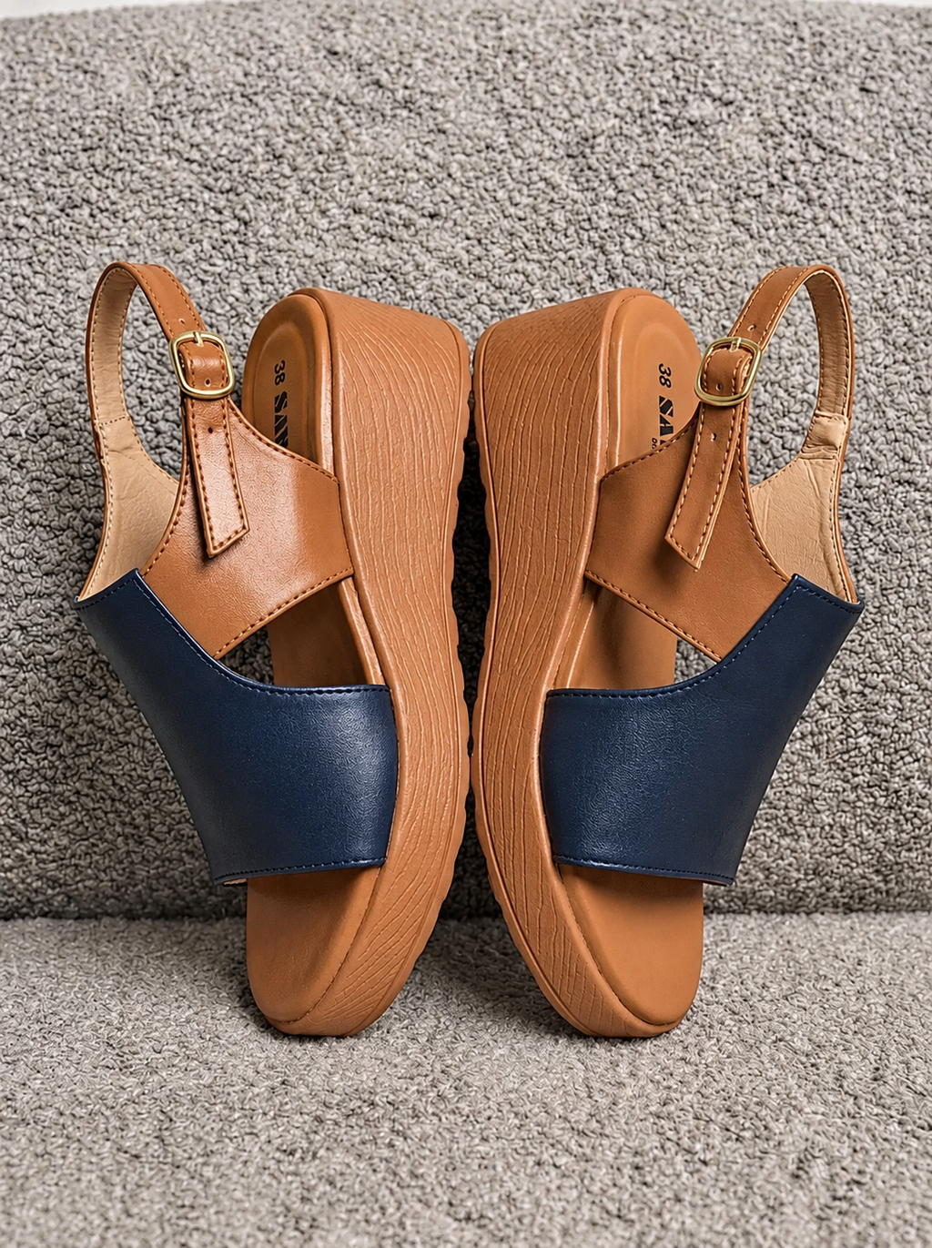 Navy & Tan Wedge Sandals B77 bl