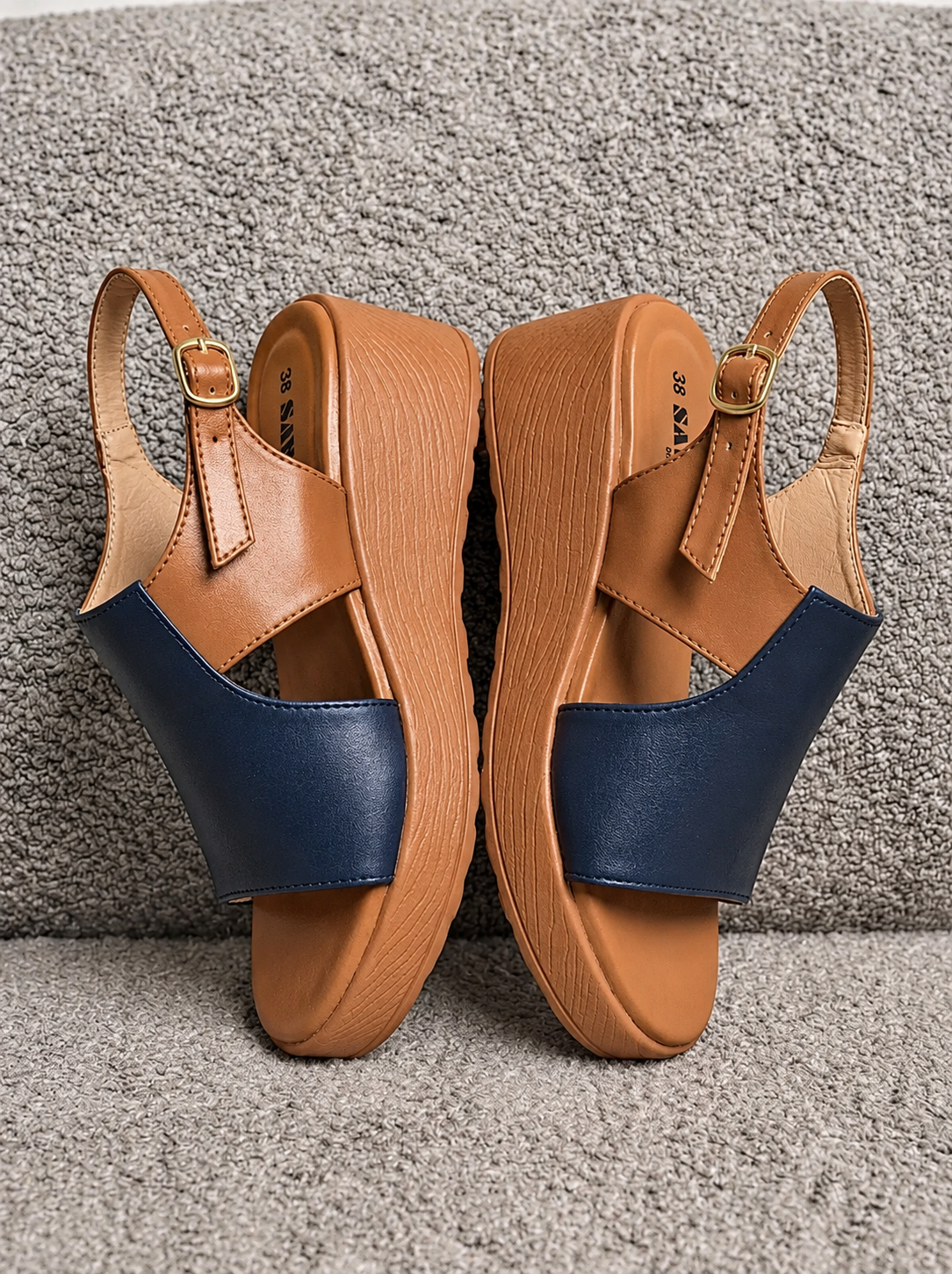 Navy & Tan Wedge Sandals B77 bl