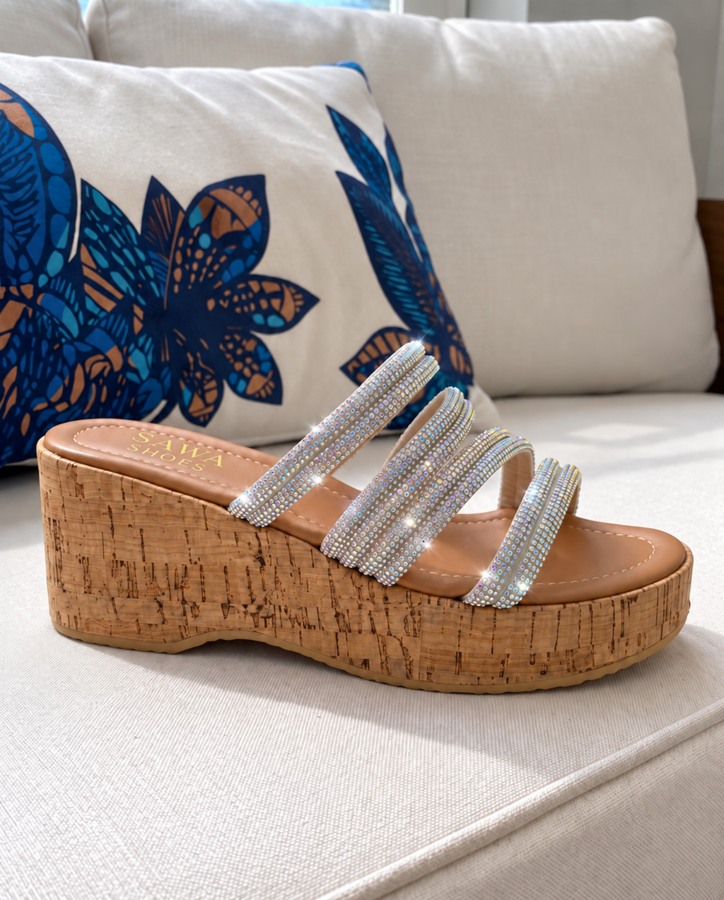 Rhinestone cork wedge slides W787