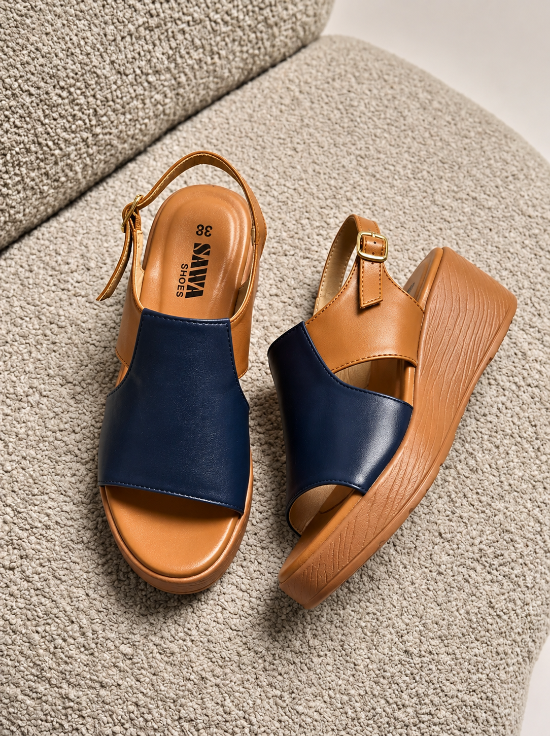 Navy & Tan Wedge Sandals B77 bl