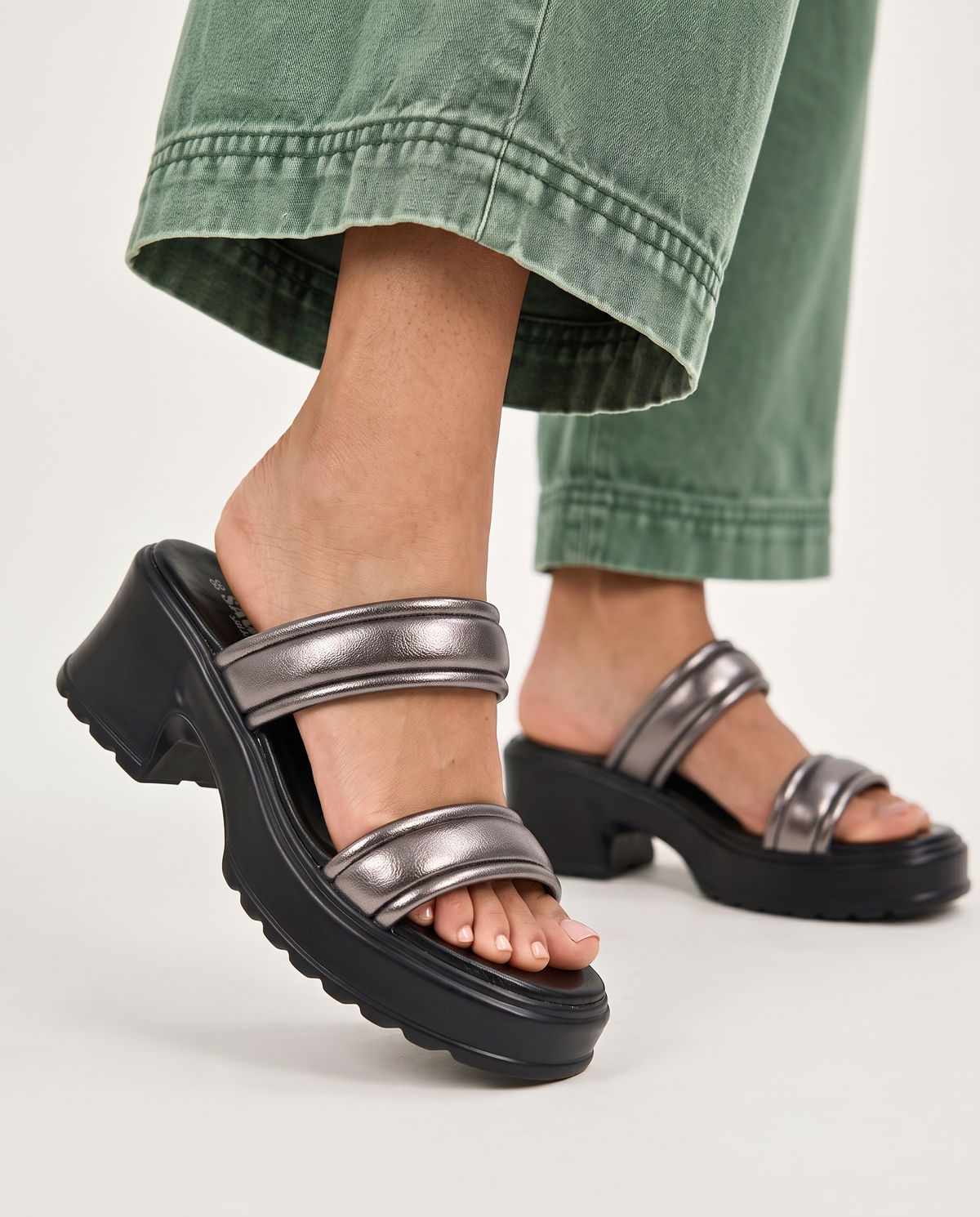 Gunmetal Padded Block Heel Slides B40 BK