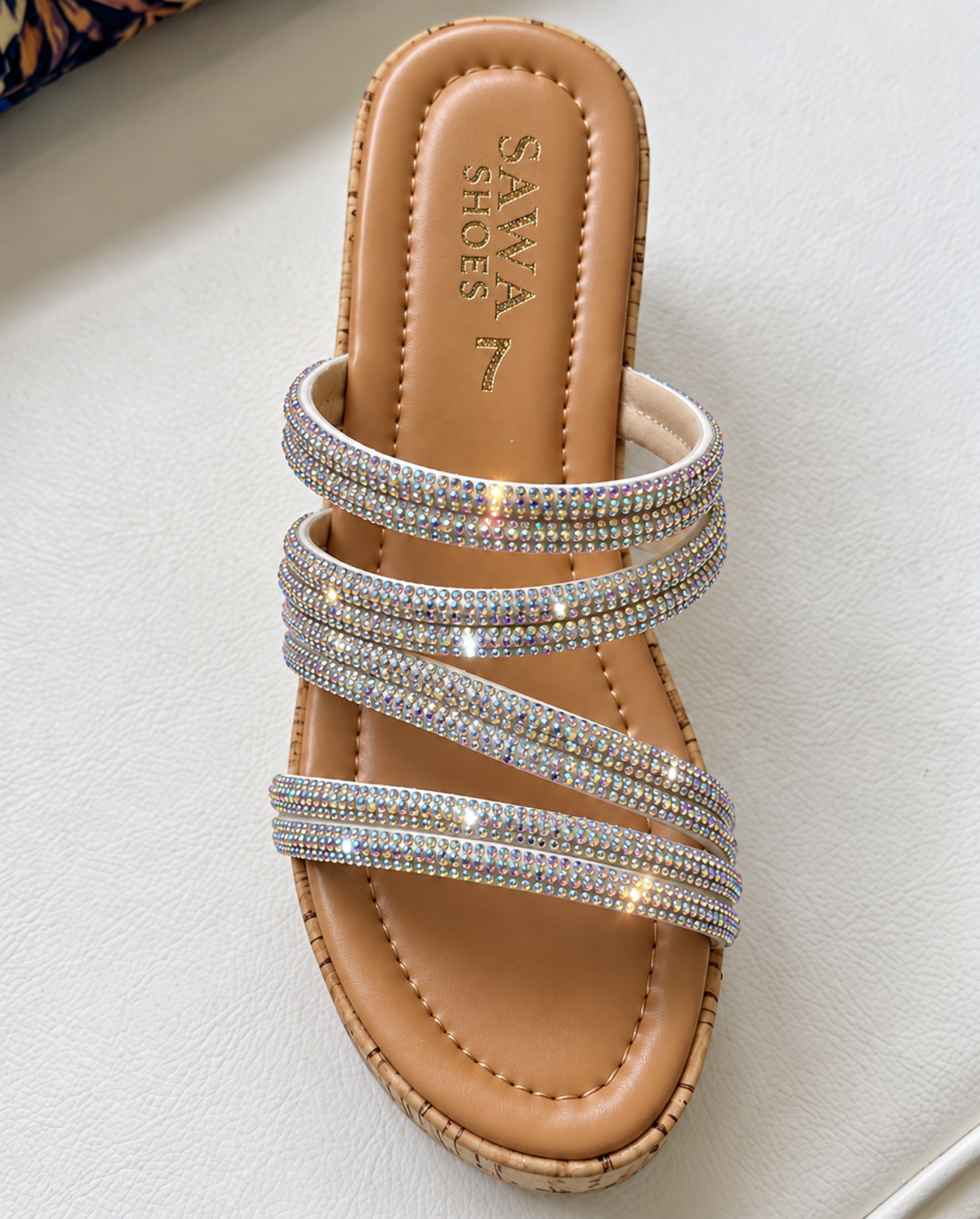 Rhinestone cork wedge slides W787