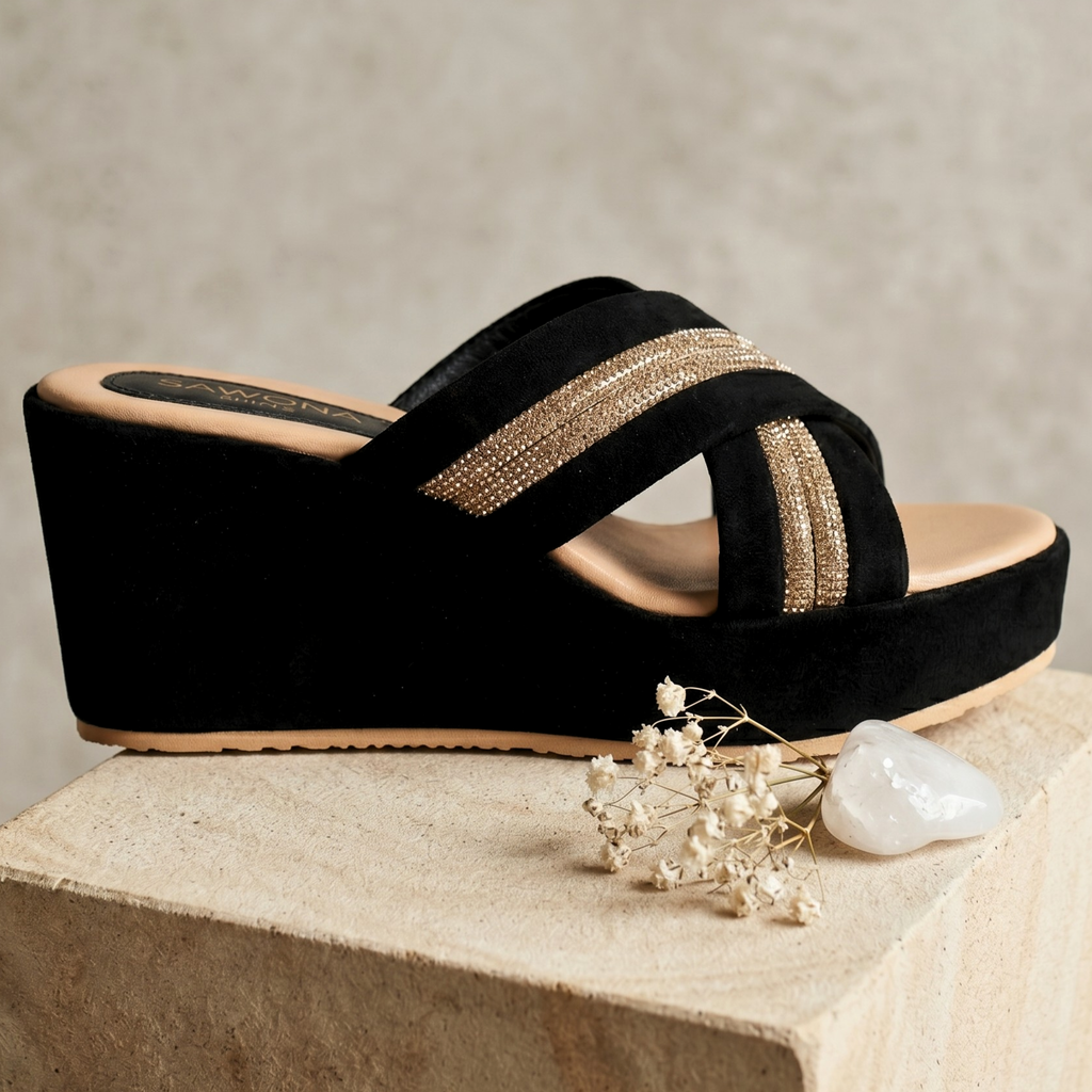 BLACK FANCY WEDGES 717 BK