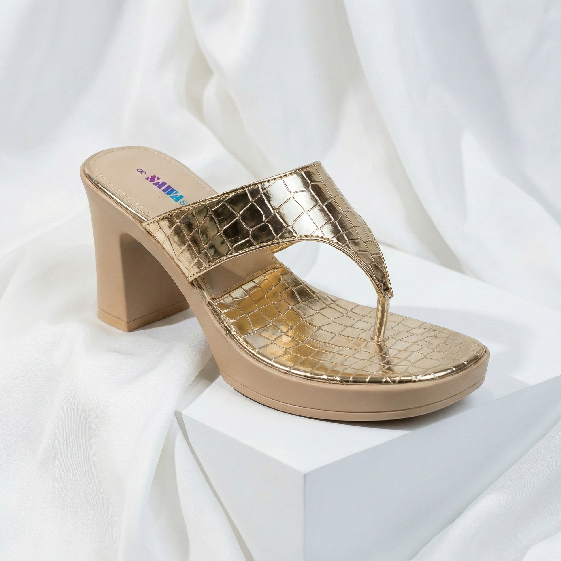 Gold metallic platform thong sandals with crocodile pattern embossing and a sturdy tan block heel for women’s dressy summer footwear