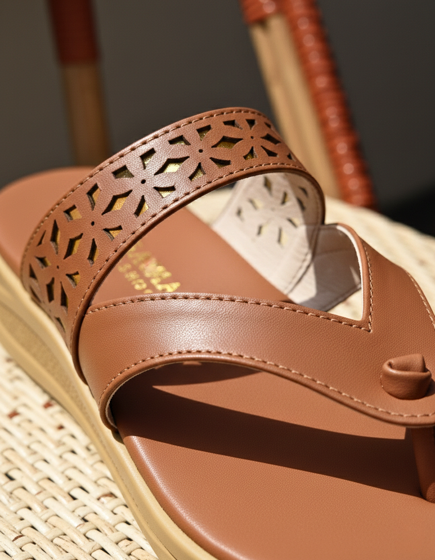 Sawa Medicated Cognac Sandals: Laser-cut dual-strap platform slides on a wicker chair