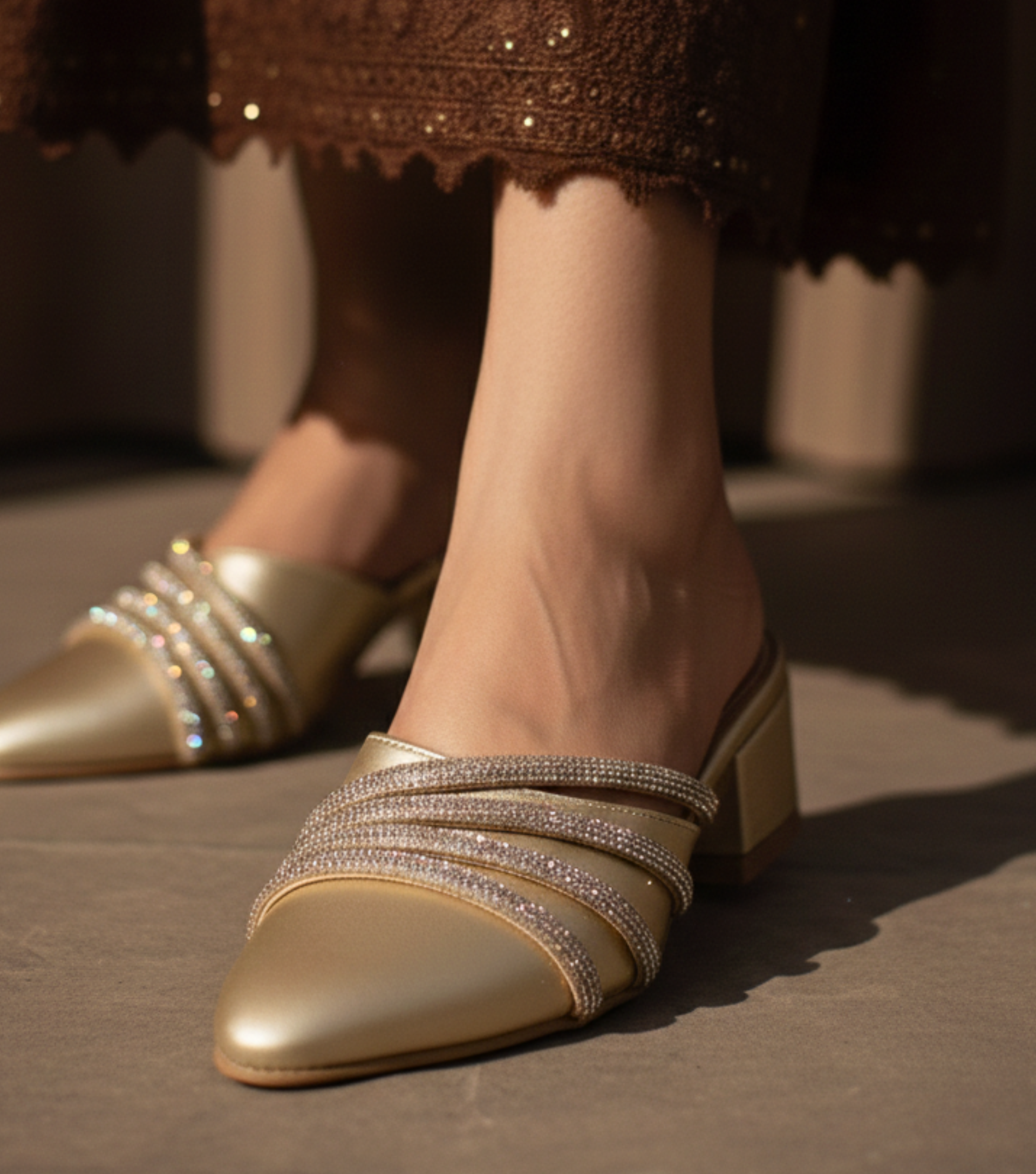 Sawa Gold Shimmer Mules with rhinestone-embellished straps and pointed toe, elegant wedding footwear for women in Pakistan