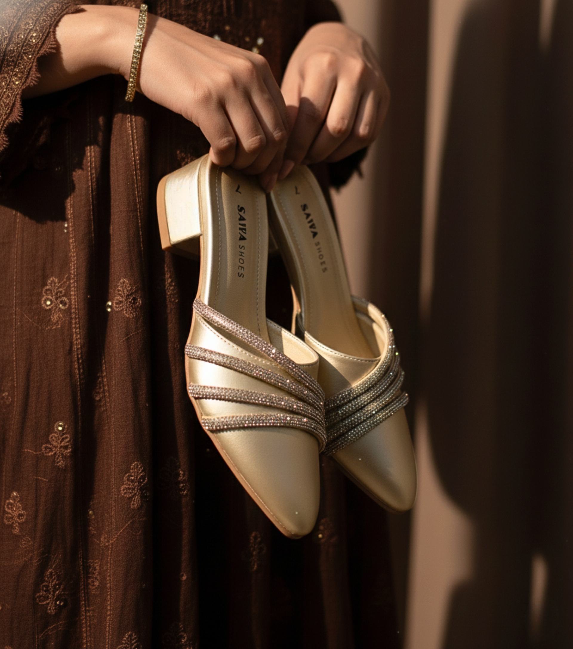 Sawa Gold Shimmer Mules with rhinestone-embellished straps and pointed toe, elegant wedding footwear for women in Pakistan