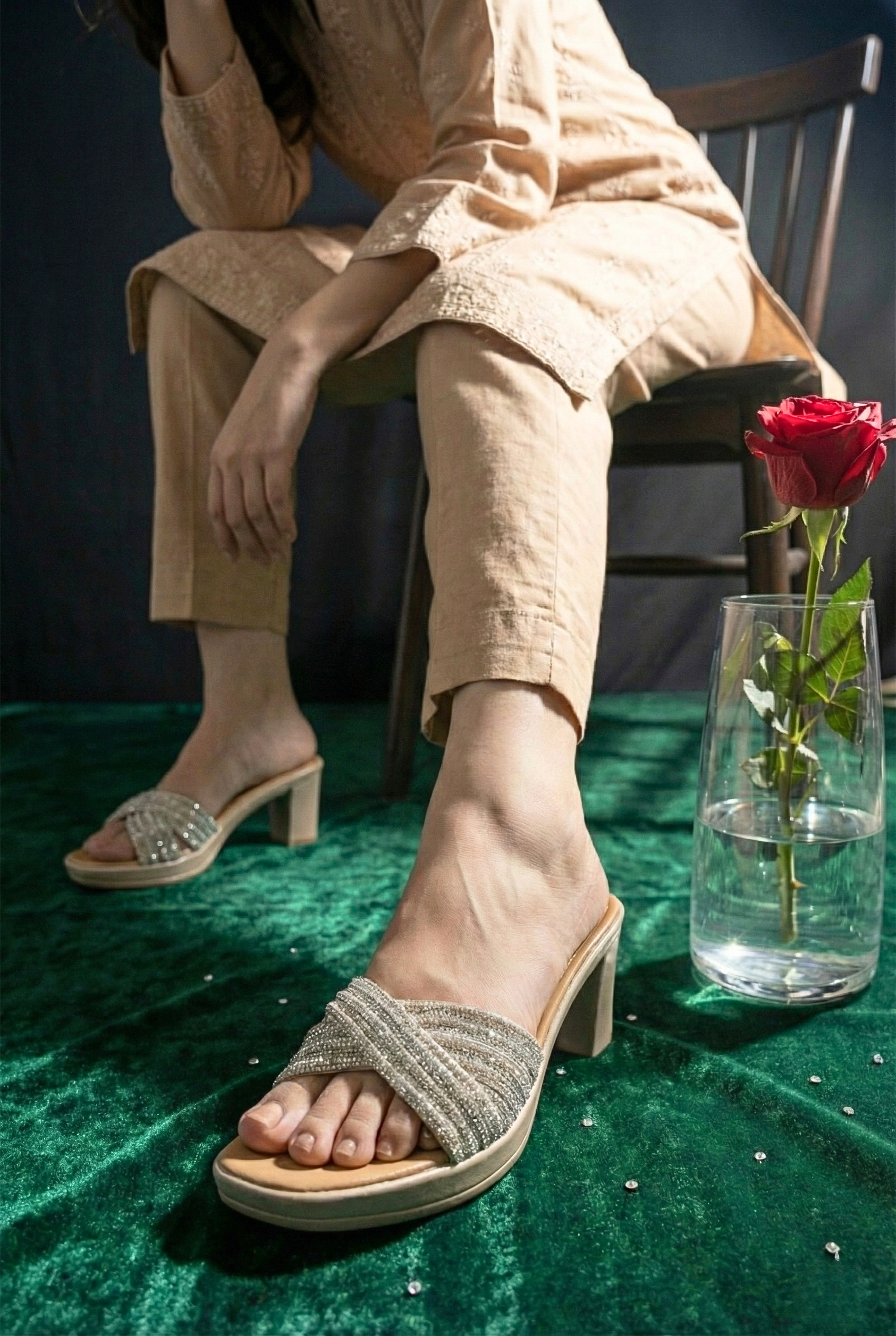 Sparkling silver block heel sandals for women - Sawa Shoes