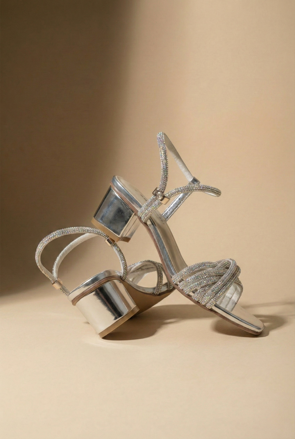 Close-up of Luna silver block heel sandals showing 2-inch heel, square toe, and SAWA SHOES branding