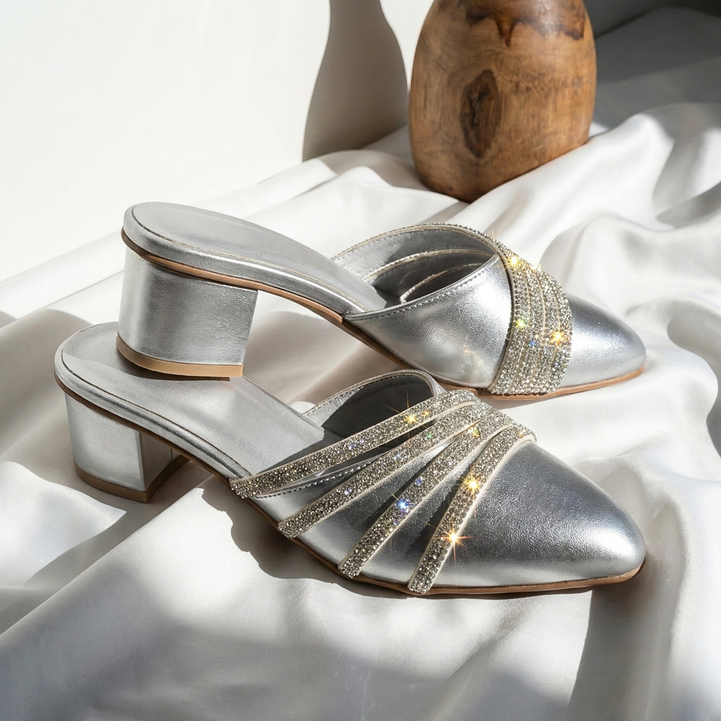 Stylish silver mules with Rs. 2090 price tag and sawa.pk logo for festive collection.