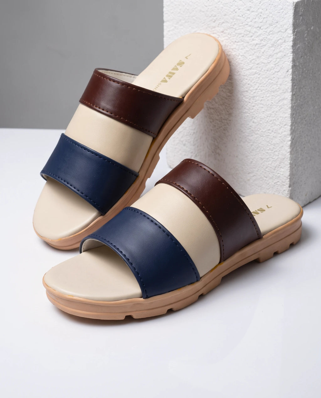 SAWA SL420 ML colorblock casual slides for women, navy cream and brown