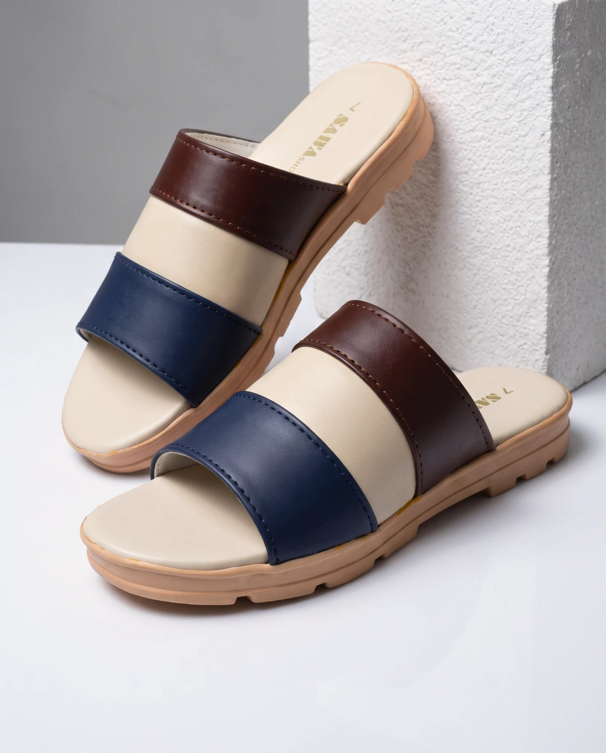 SAWA SL420 ML colorblock casual slides for women, navy cream and brown