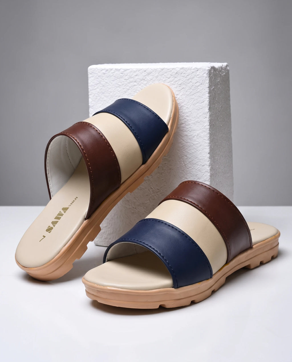 Colorblock slides SL420 ML showing padded cream footbed and SAWA logo