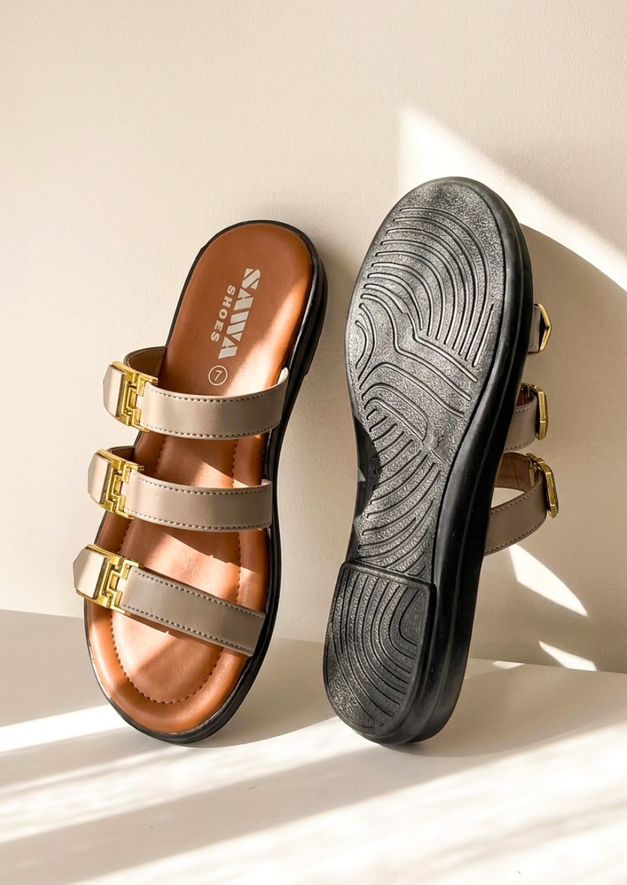 top and bottom view of cinnamon slides showing textured outsole and sawa shoes branding