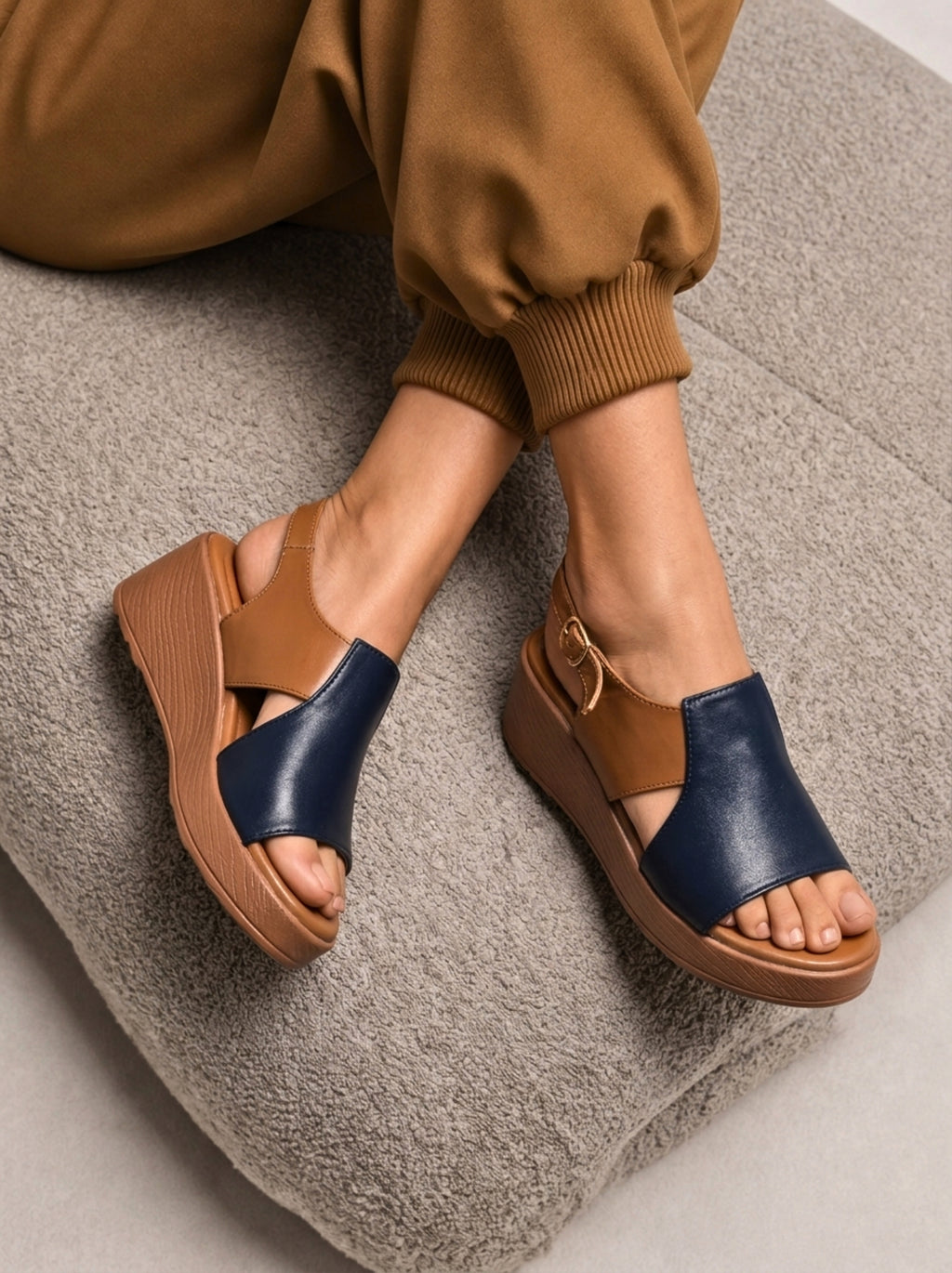 Navy & Tan Wedge Sandals B77 bl