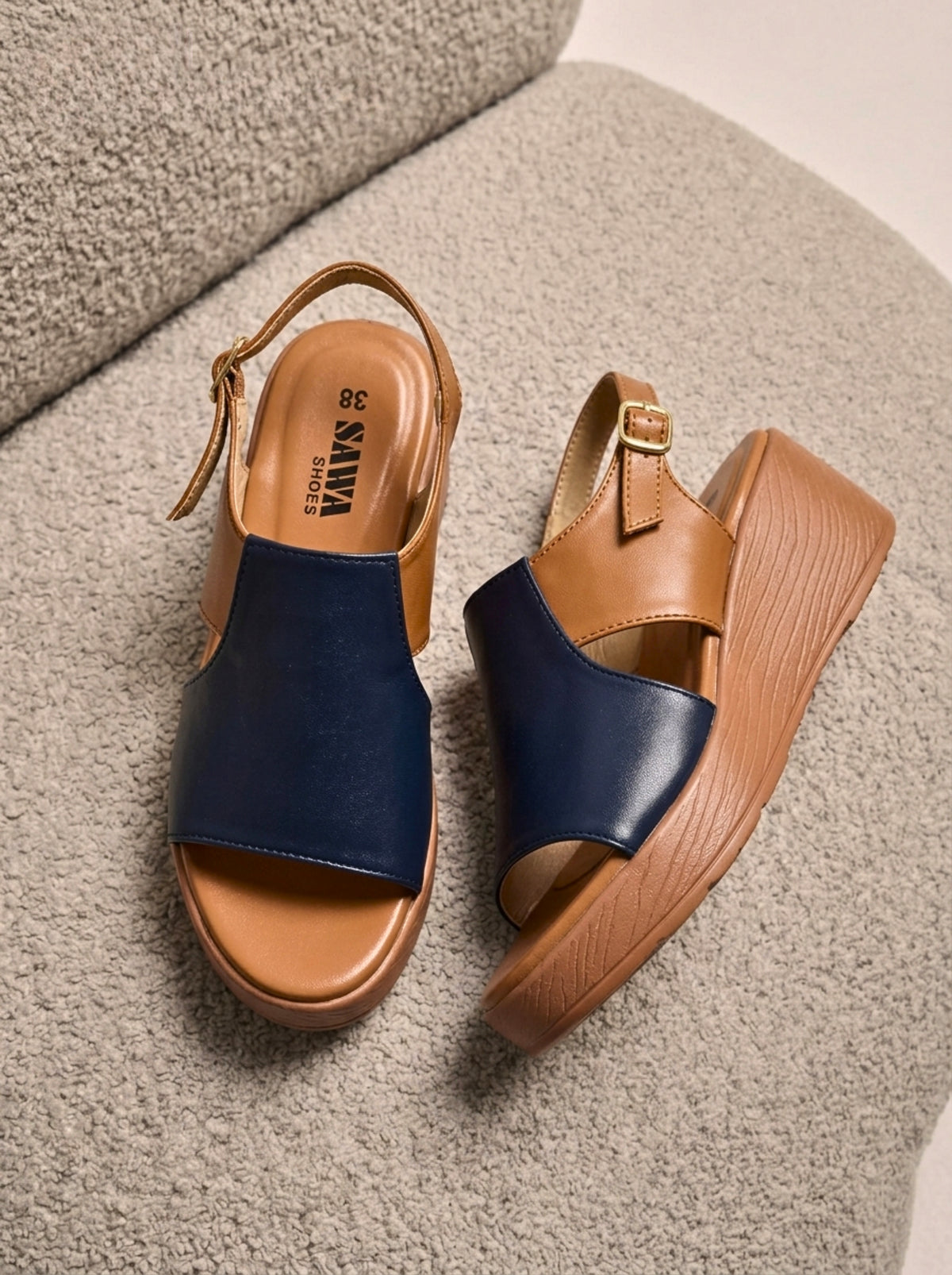 Navy & Tan Wedge Sandals B77 bl