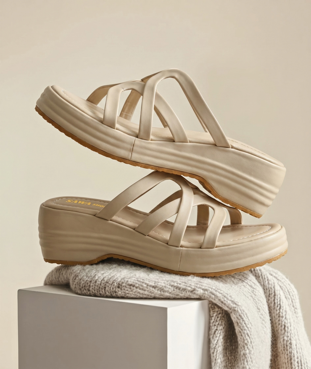 Two cream-colored women's wedge slides stacked creatively on top of each other over a grey knit blanket.