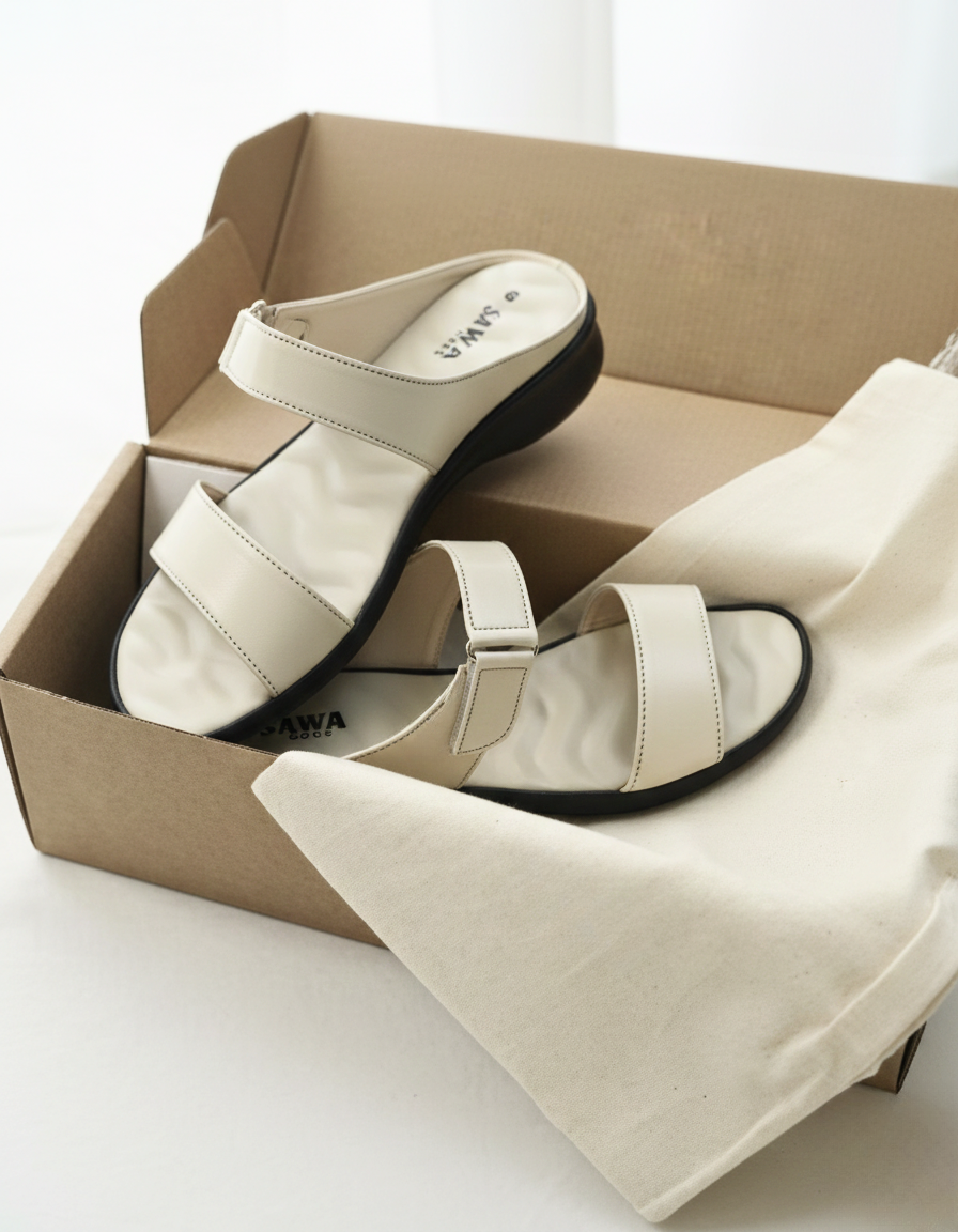 Sawa off-white women's comfort sandals with adjustable strap and cushioned black sole in a premium cardboard box