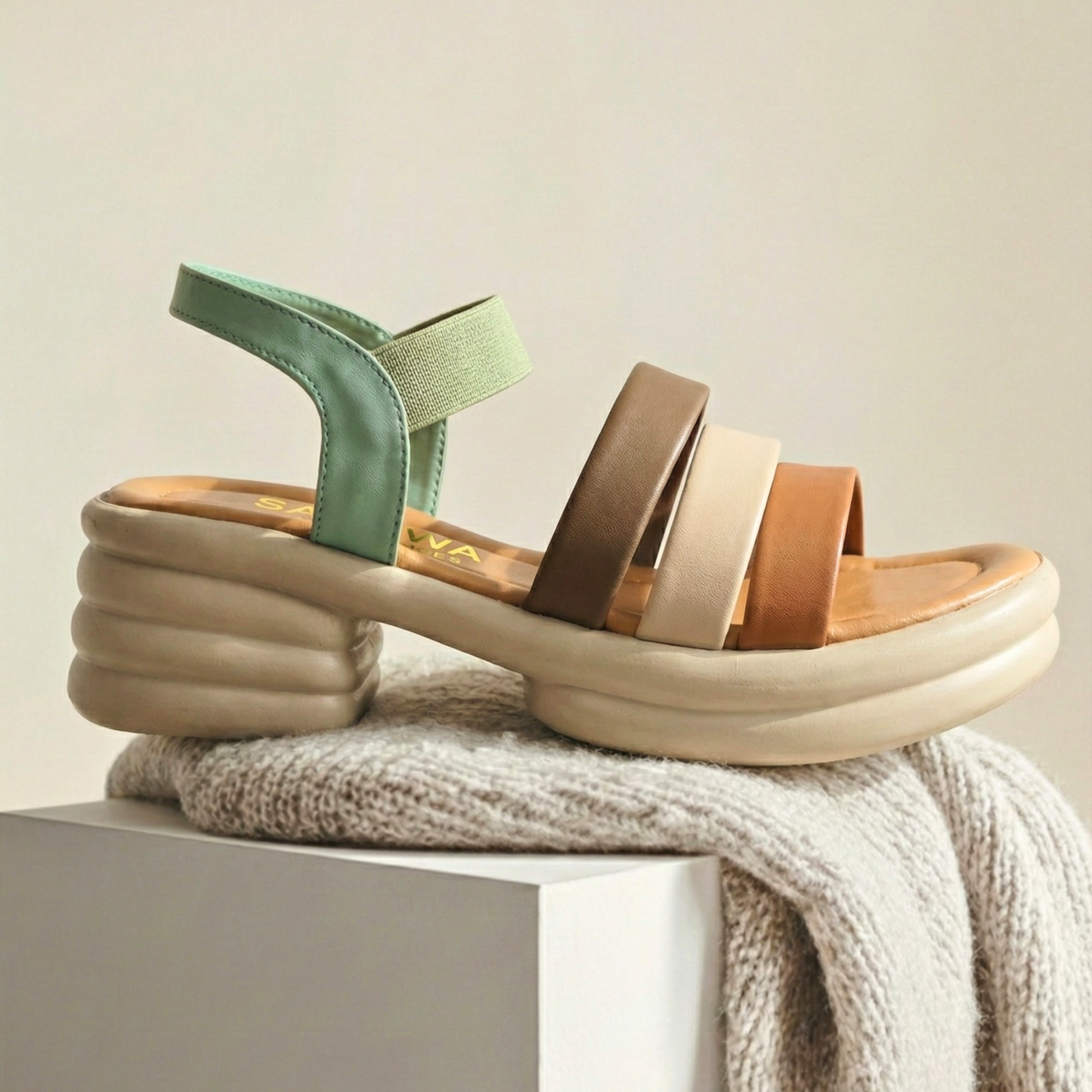 Side view of sawa.pk Colorful Chunky Platform Sandals featuring a multi-strap design in sage green, cocoa, and tan on a beige wavy sole
