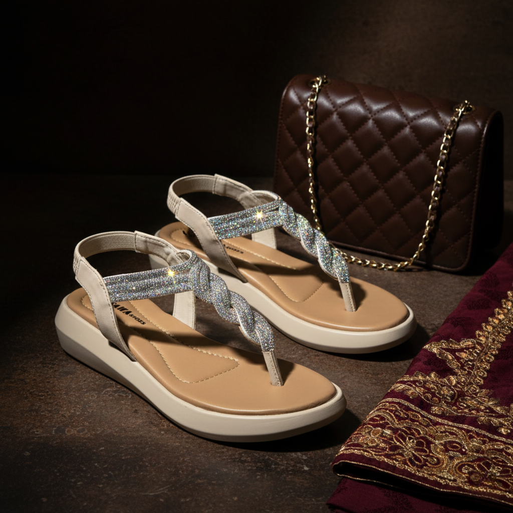 Pair of Ergo-Chic Sparkling Sandals displayed with a brown quilted handbag and embroidered formal fabric, highlighting premium comfort footwea